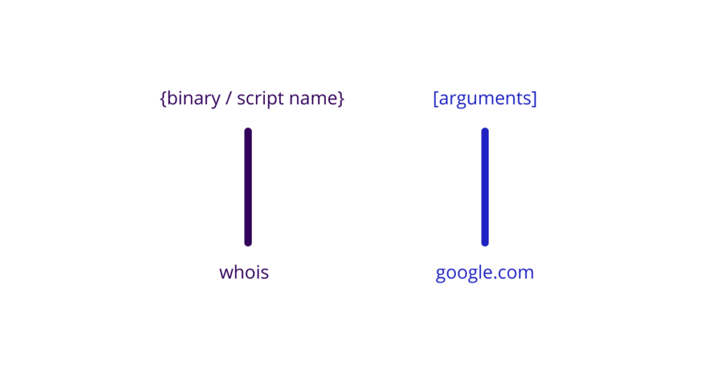 schéma binary/script name -> whois & arguments -> google.com